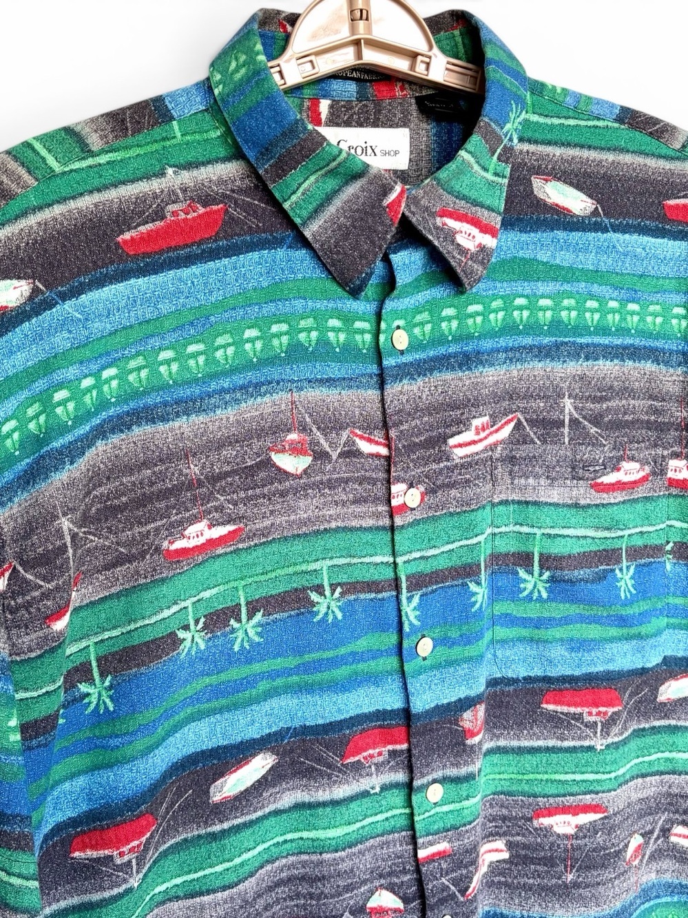 VTG St Croix Shop Mens XL Nautical Camp Shirt Button Up Boat Palm 90s Resort EUC